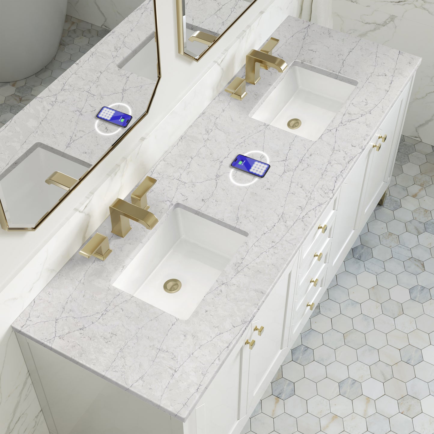 James Martin Chicago 72" Double Vanity with 3 CM Countertop & FreePower Wireless Charger