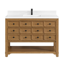 James Martin Malibu 48" Single Vanity, Amber Birch w/ Single Hole 3 CM White Zeus Quartz Top & Backsplash - Luxe Bathroom Vanities