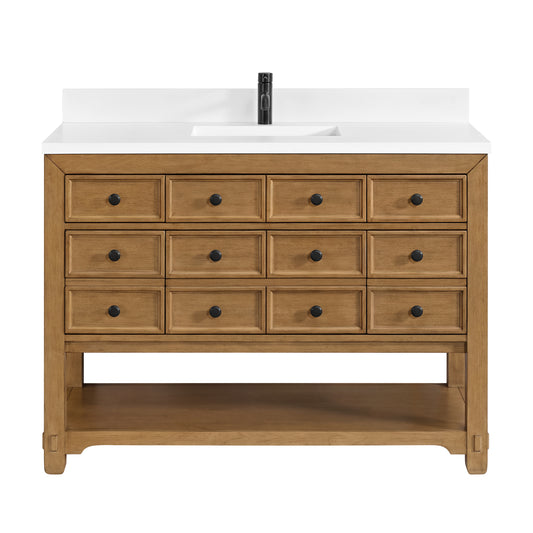 James Martin Malibu 48" Single Vanity, Amber Birch w/ Single Hole 3 CM White Zeus Quartz Top & Backsplash - Luxe Bathroom Vanities