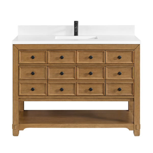 James Martin Malibu 48" Single Vanity, Amber Birch w/ Single Hole 3 CM White Zeus Quartz Top & Backsplash - Luxe Bathroom Vanities