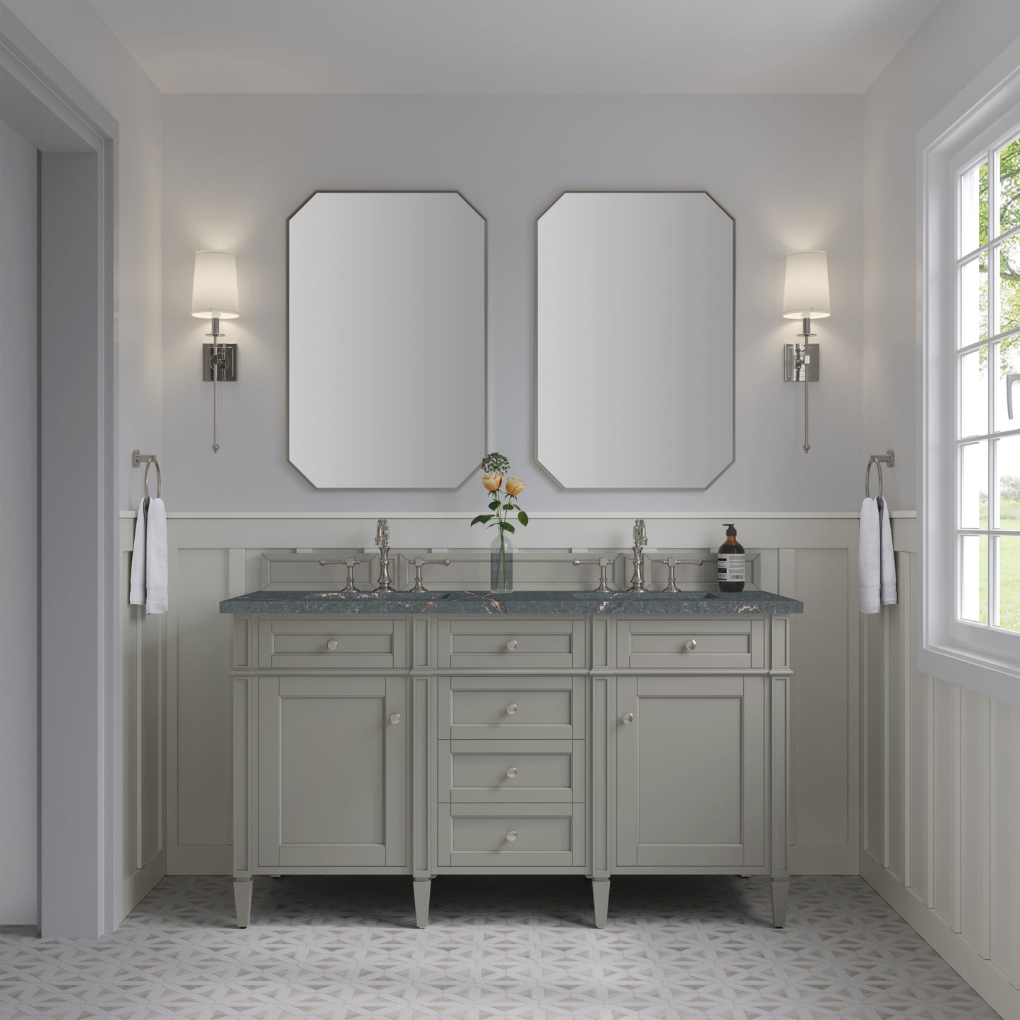 James Martin Brittany 60" Double Vanity with 3 CM Countertop & FreePower Wireless Charger