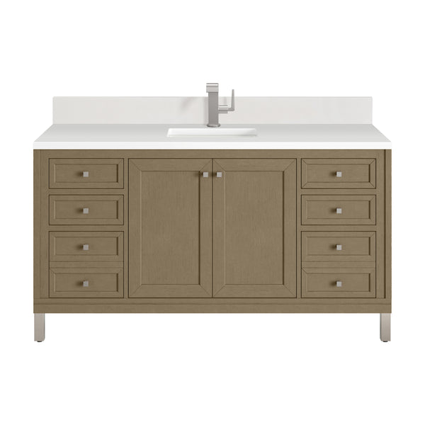 James Martin Chicago 60" Single Vanity with Single Hole 3CM White Zeus Silestone Top & Backsplash