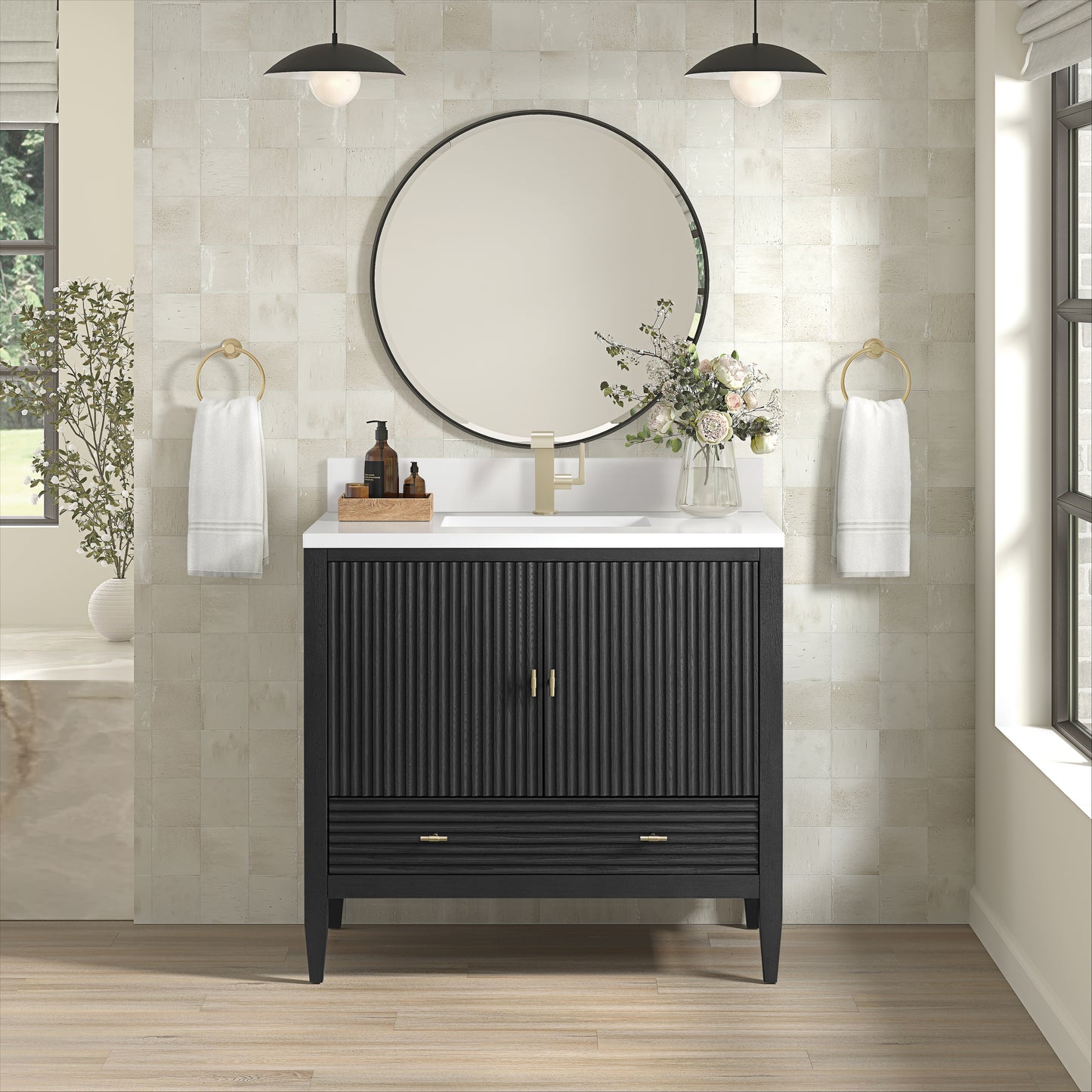 James Martin Myrrin 36" Vanity with Single Hole 3 CM White Zeus Silestone Top & Backsplash