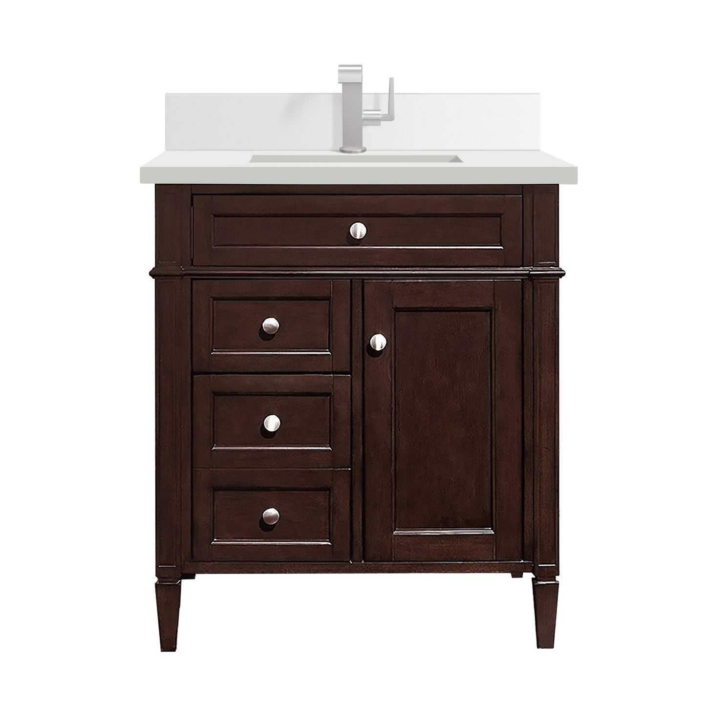 James Martin Brittany 30" Single Vanity with Single Hole 3 CM White Zeus Silestone Top & Backsplash