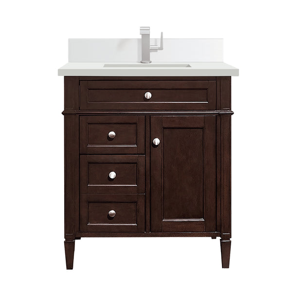 James Martin Brittany 30" Single Vanity with Single Hole 3 CM White Zeus Silestone Top & Backsplash