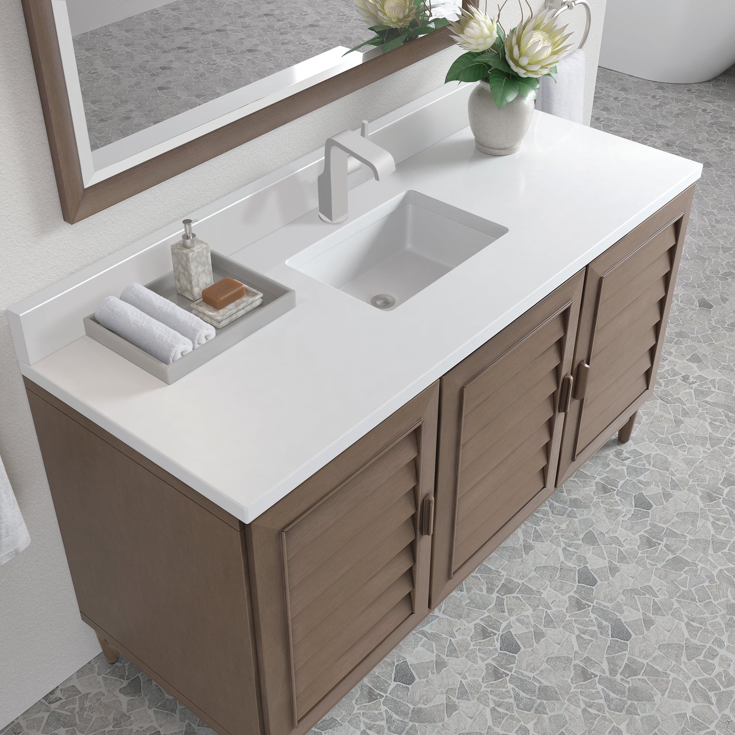 James Martin Portland 60" Single Vanity Whitewashed Walnut with Single Hole 3 CM White Zeus Silestone Top & Backsplash