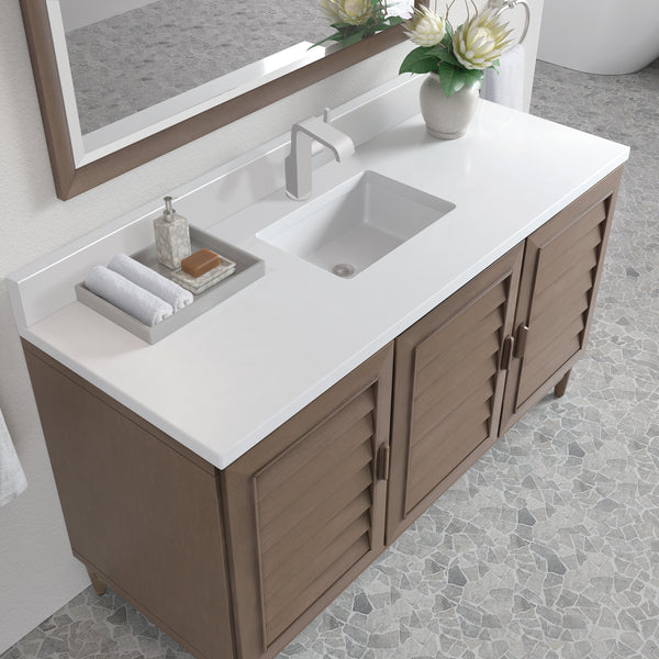 James Martin Portland 60" Single Vanity Whitewashed Walnut with Single Hole 3 CM White Zeus Silestone Top & Backsplash