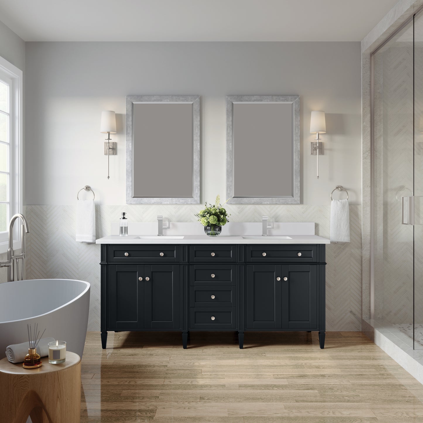 James Martin Brittany 72" Double Vanity with Single Hole 3 CM White Zeus Silestone Top & Backsplash