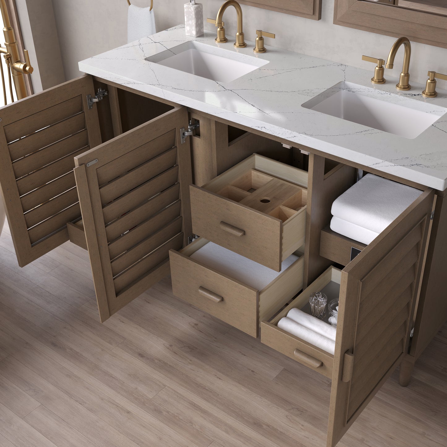 James Martin Portland 60" Double Vanity Whitewashed Walnut with 3 CM Countertop & FreePower Wireless Charger