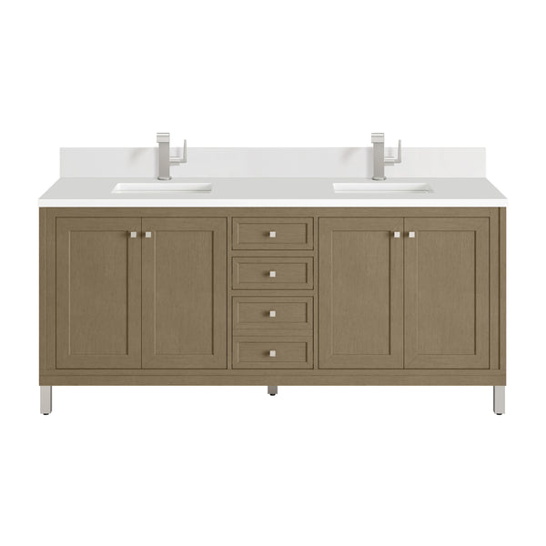 James Martin Chicago 72" Double Vanity with Single Hole 3CM White Zeus Silestone Top & Backsplash