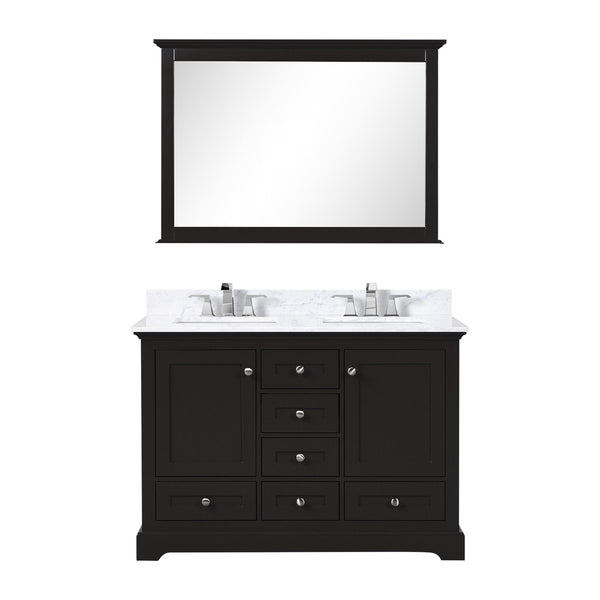 Lexora Collection Dukes 48 inch Double Bath Vanity, Carrara Marble Top, Faucet Set, 46 inch Mirror - Luxe Bathroom Vanities