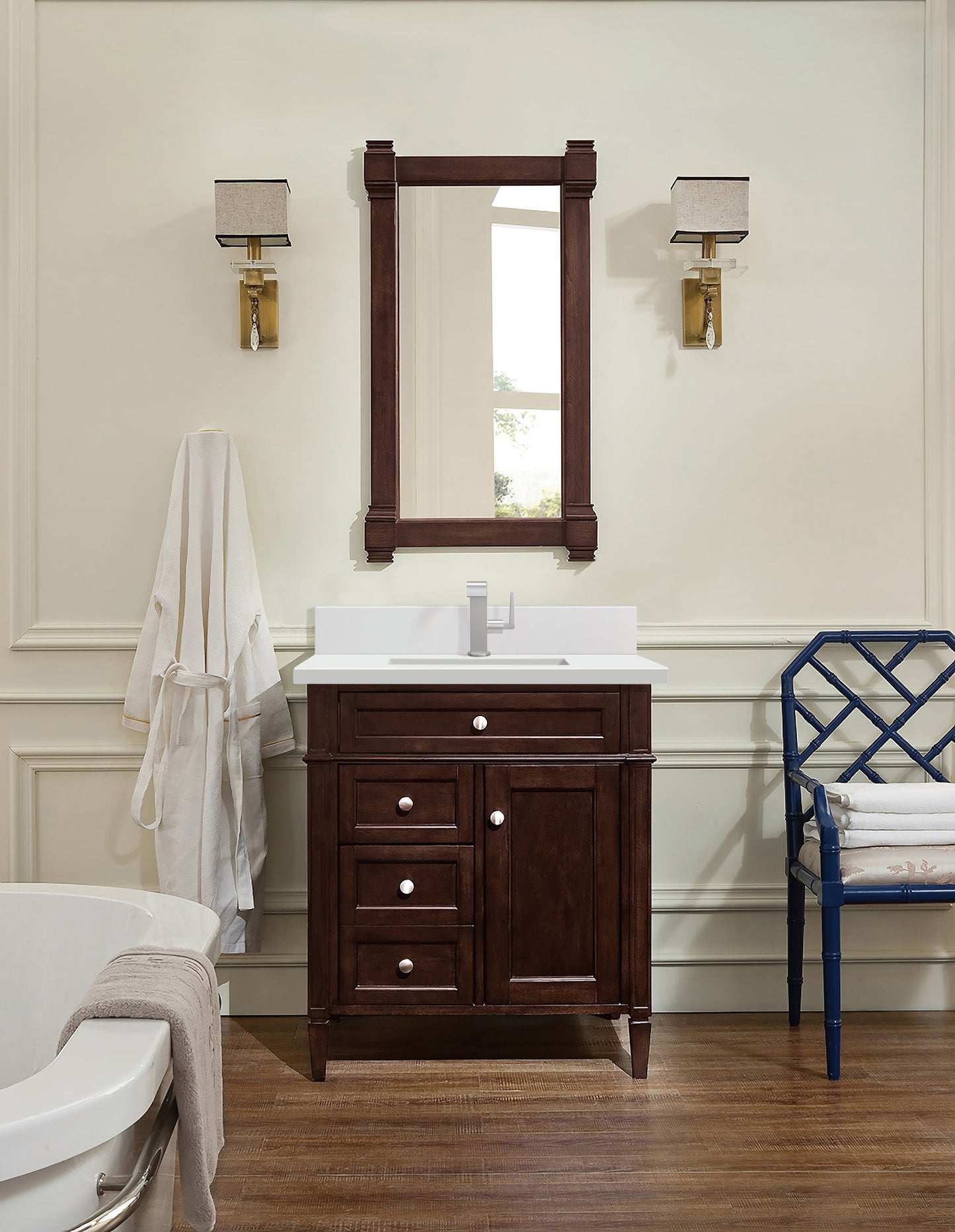 James Martin Brittany 30" Single Vanity with Single Hole 3 CM White Zeus Silestone Top & Backsplash
