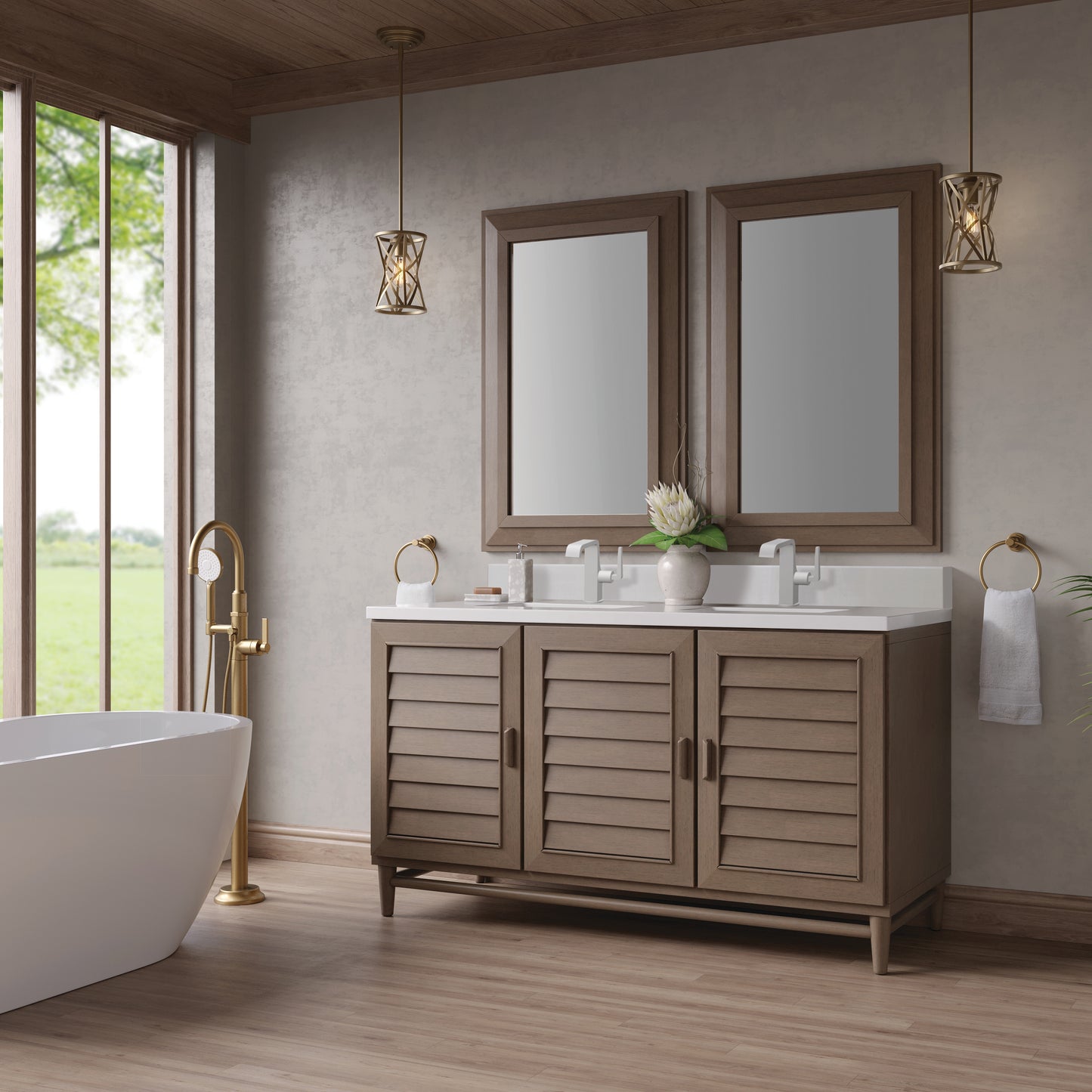 James Martin Portland 60" Double Vanity Whitewashed Walnut with Single Hole 3 CM White Zeus Silestone Top & Backsplash