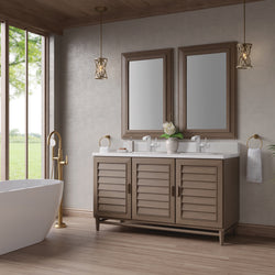 James Martin Portland 60" Double Vanity Whitewashed Walnut with Single Hole 3 CM White Zeus Silestone Top & Backsplash