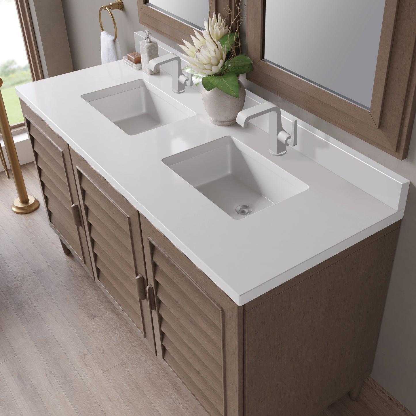 James Martin Portland 60" Double Vanity Whitewashed Walnut with Single Hole 3 CM White Zeus Silestone Top & Backsplash