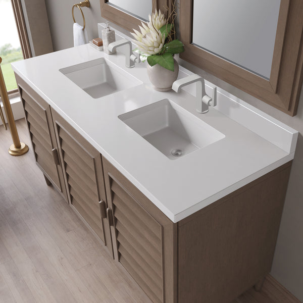 James Martin Portland 60" Double Vanity Whitewashed Walnut with Single Hole 3 CM White Zeus Silestone Top & Backsplash