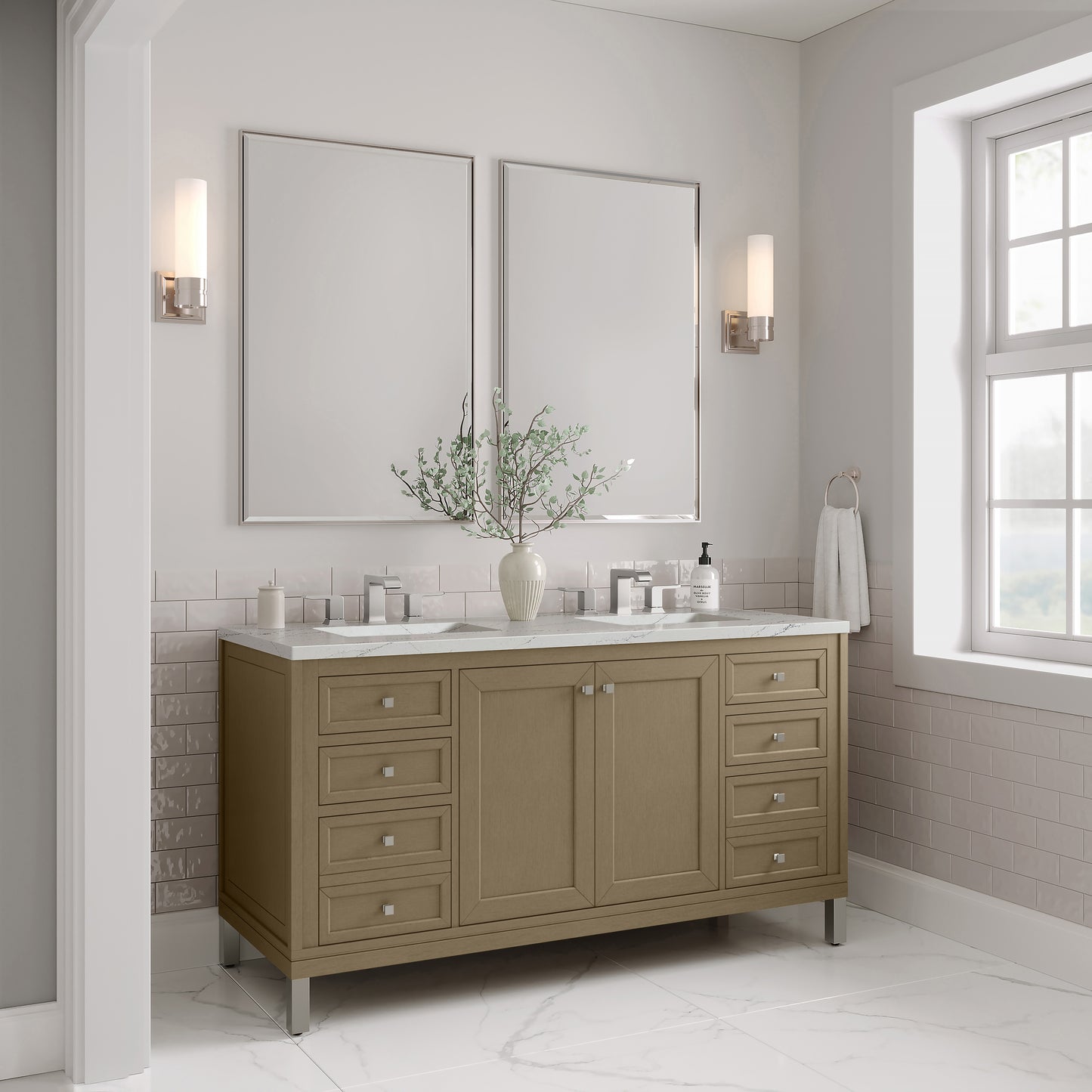 James Martin Chicago 60" Double Vanity with 3 CM Countertop & FreePower Wireless Charger