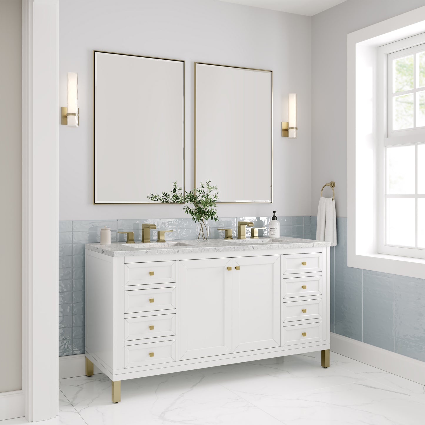 James Martin Chicago 60" Double Vanity with 3 CM Countertop & FreePower Wireless Charger