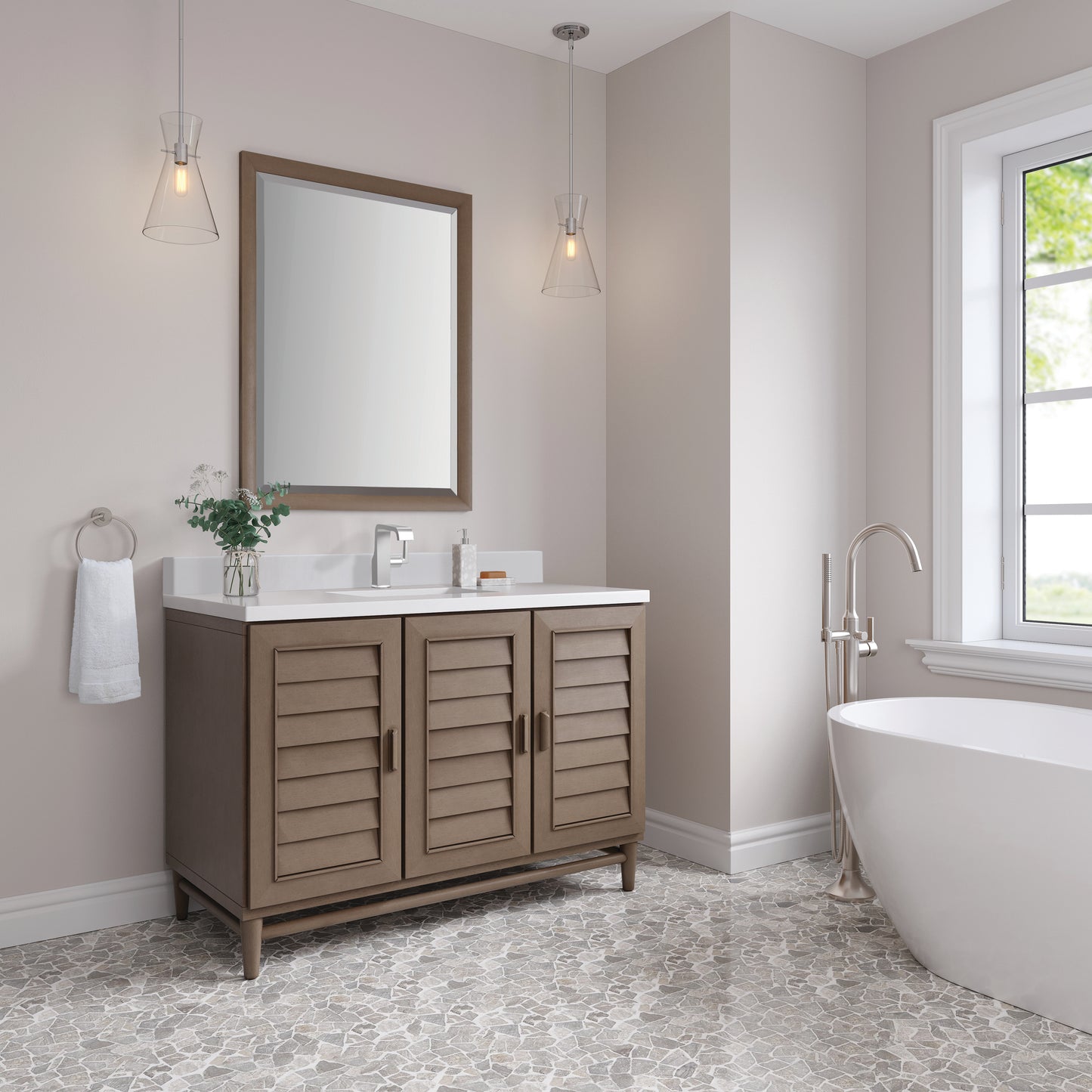 James Martin Portland 48" Single Vanity Whitewashed Walnut with Single Hole 3 CM White Zeus Silestone Top & Backsplash