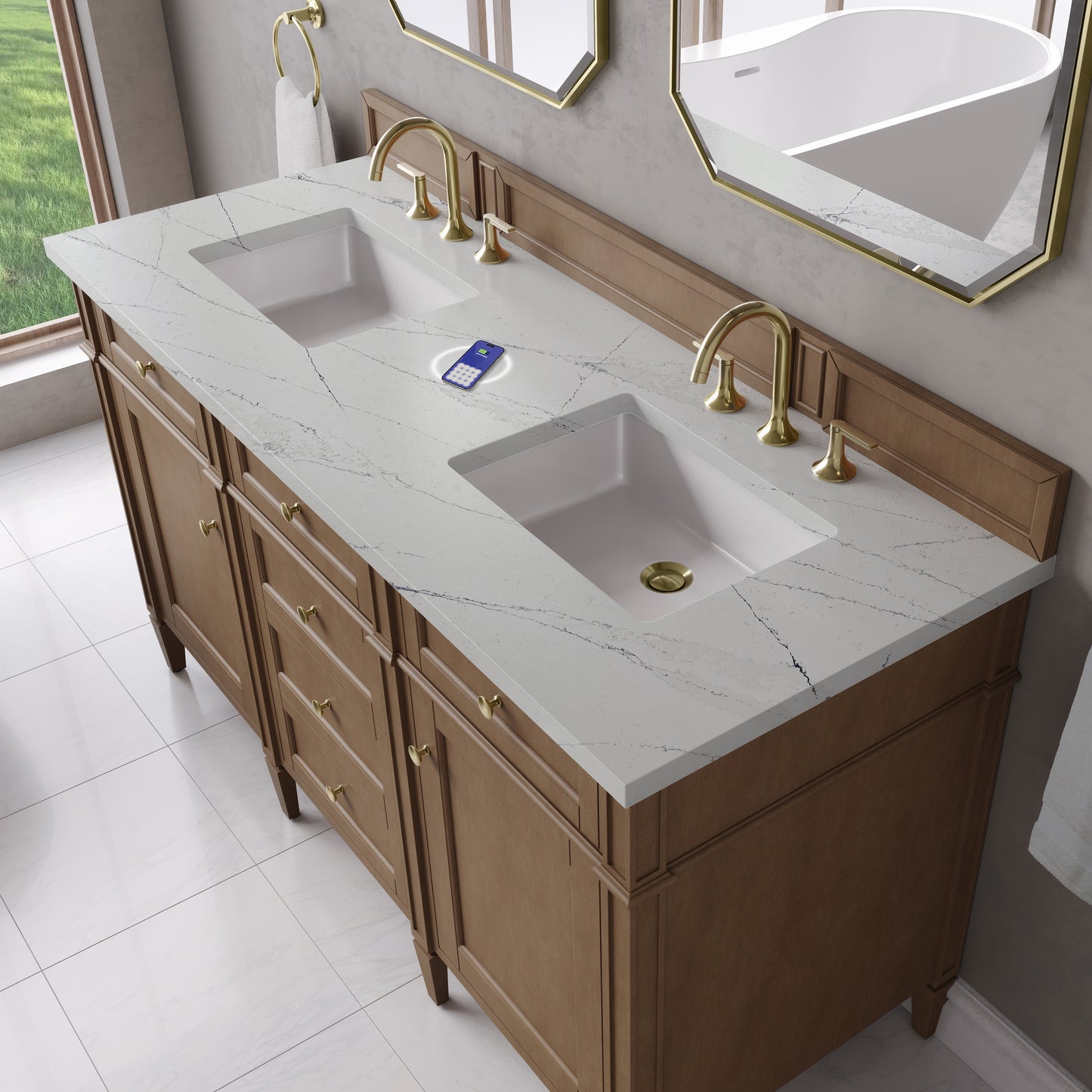 James Martin Brittany 60" Double Vanity with 3 CM Countertop & FreePower Wireless Charger