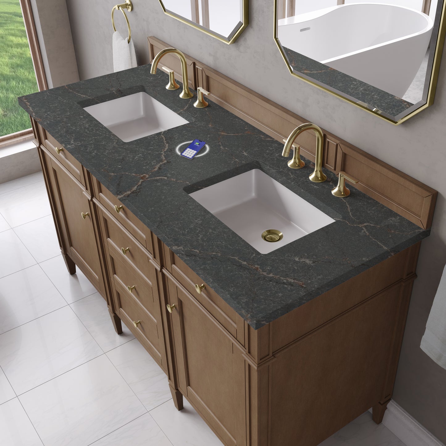 James Martin Brittany 60" Double Vanity with 3 CM Countertop & FreePower Wireless Charger