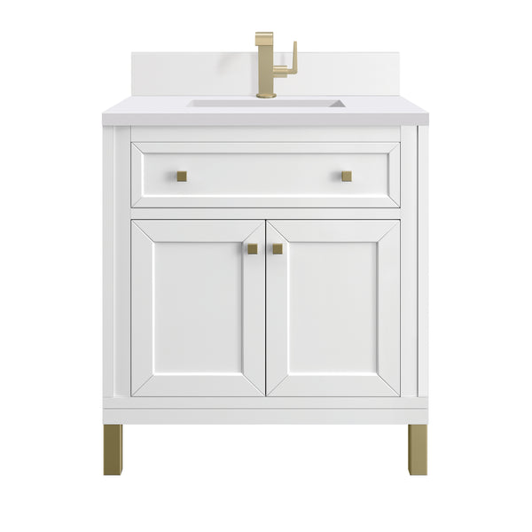 James Martin Chicago 30" Single Vanity with Single Hole 3CM White Zeus Silestone Top & Backsplash