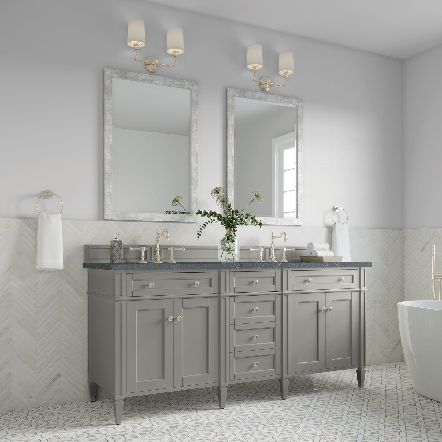 James Martin Brittany 72" Double Vanity with 3 CM Countertop & FreePower Wireless Charger