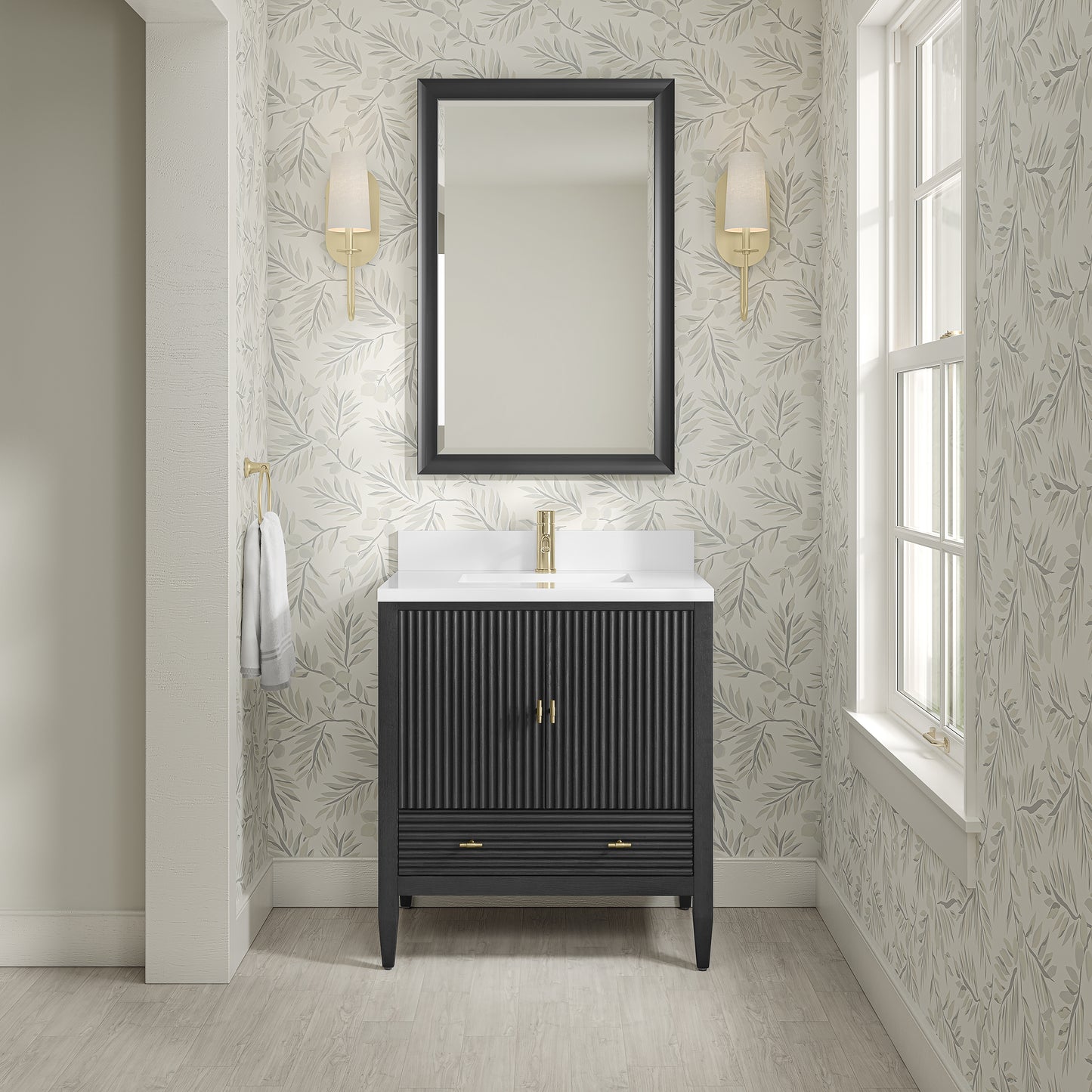 James Martin Myrrin 30" Single Vanity with Single Hole 3 CM White Zeus Silestone Top and Matching Backsplash