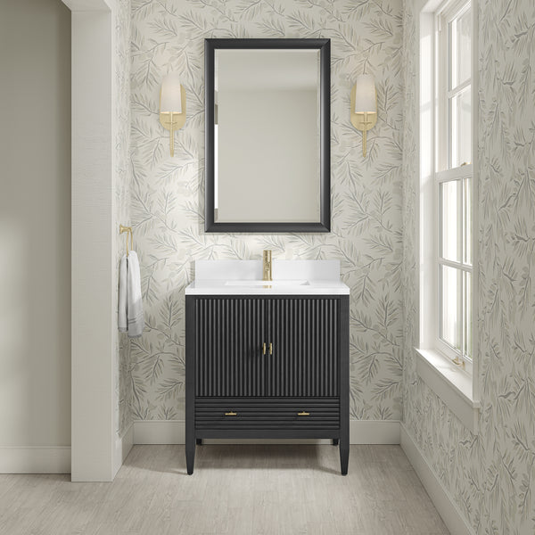 James Martin Myrrin 30" Single Vanity with Single Hole 3 CM White Zeus Silestone Top and Matching Backsplash