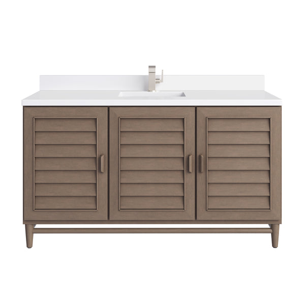 James Martin Portland 60" Single Vanity Whitewashed Walnut with Single Hole 3 CM White Zeus Silestone Top & Backsplash