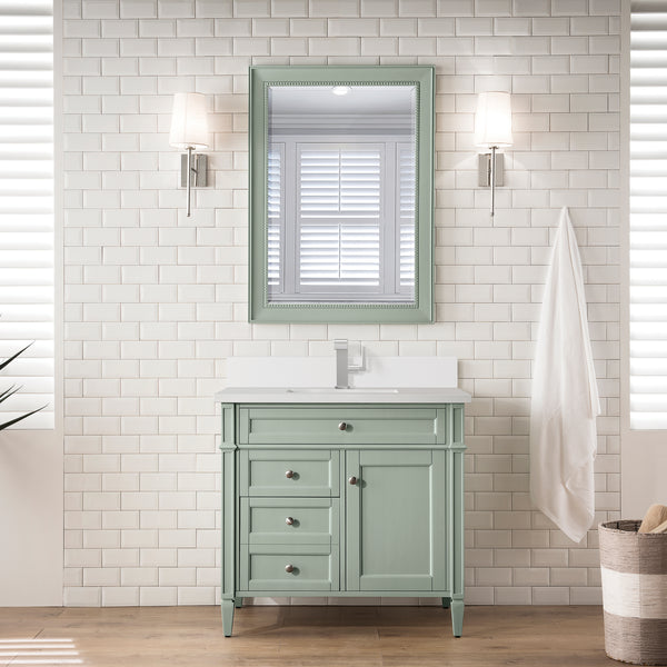 James Martin Brittany 36" Single Vanity with Single Hole 3 CM White Zeus Silestone Top & Backsplash