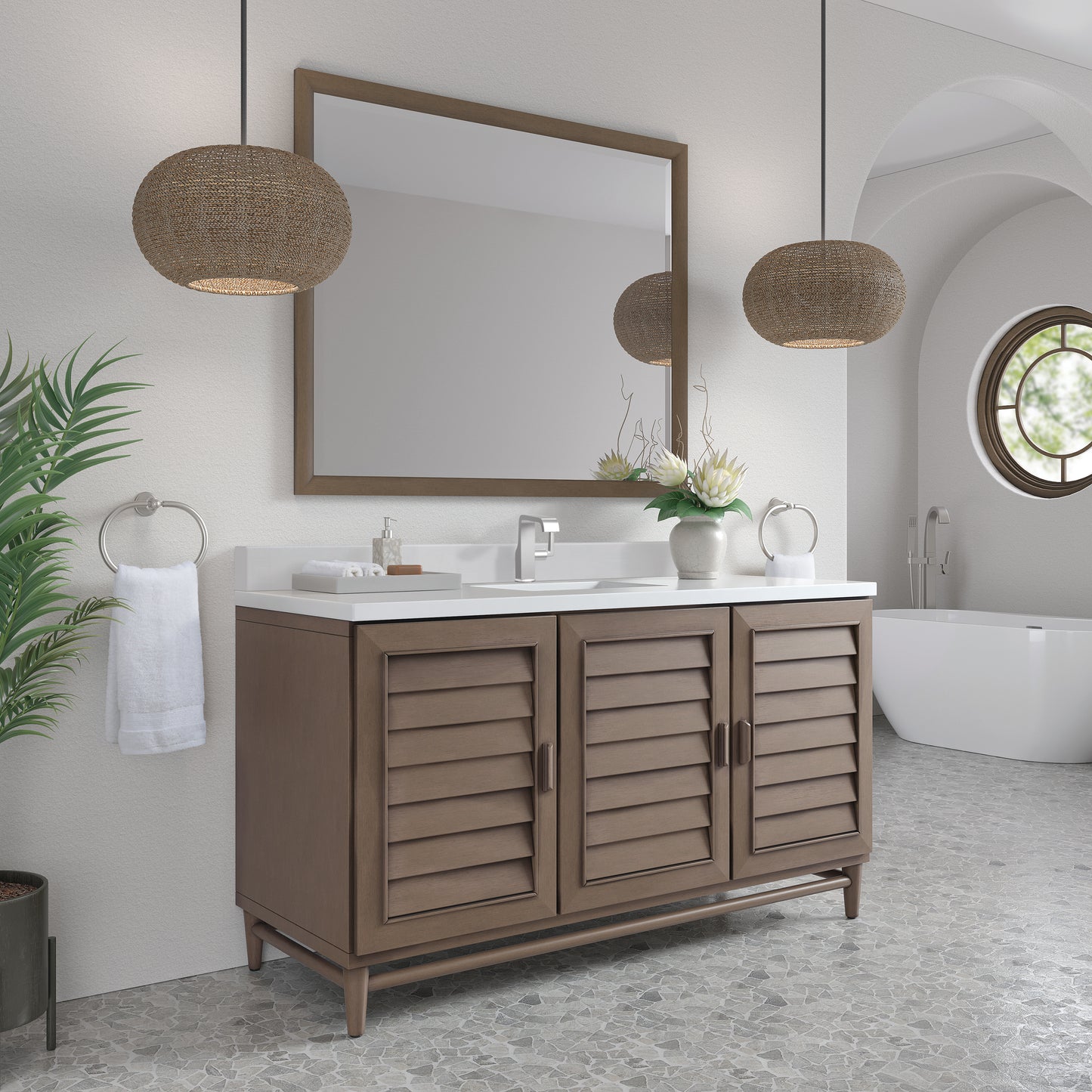 James Martin Portland 60" Single Vanity Whitewashed Walnut with Single Hole 3 CM White Zeus Silestone Top & Backsplash