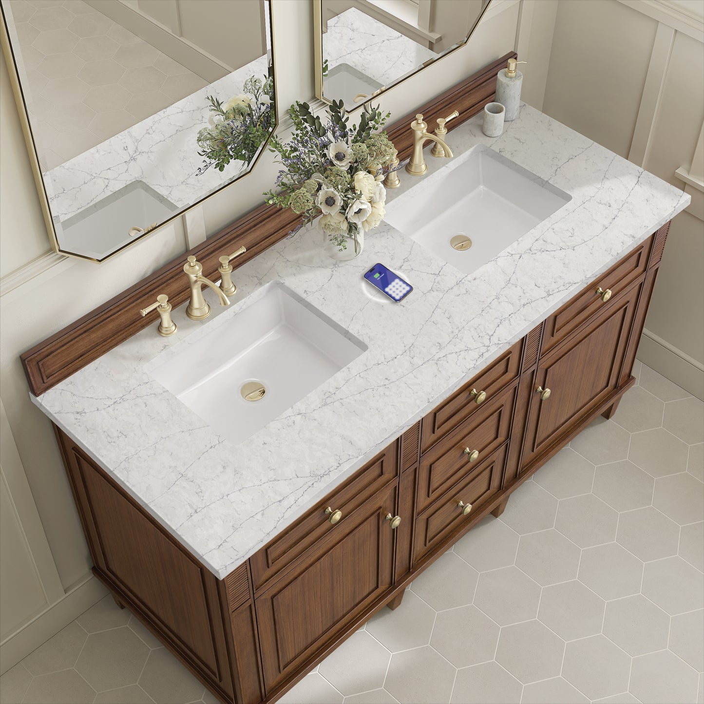 James Martin Lorelai 60" Double Vanity with 3 CM Countertop & FreePower Wireless Charger
