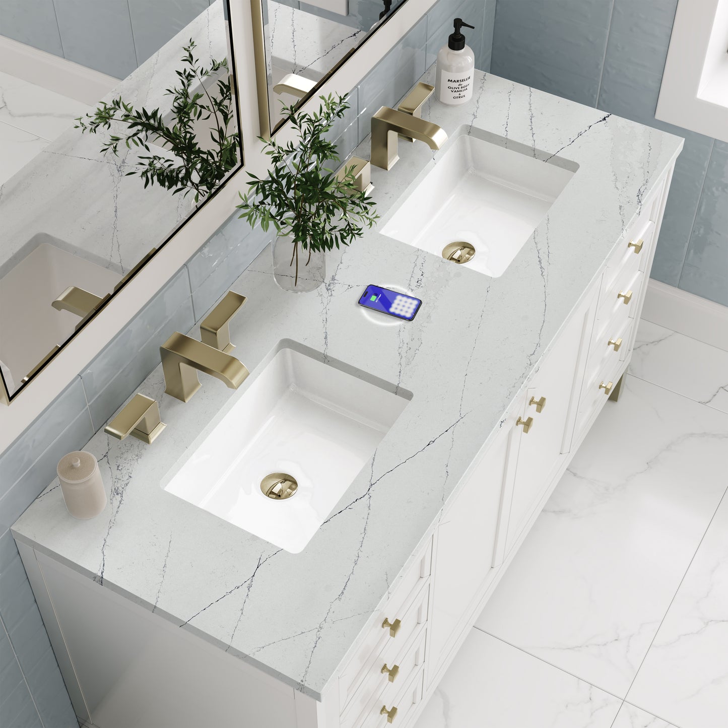 James Martin Chicago 60" Double Vanity with 3 CM Countertop & FreePower Wireless Charger