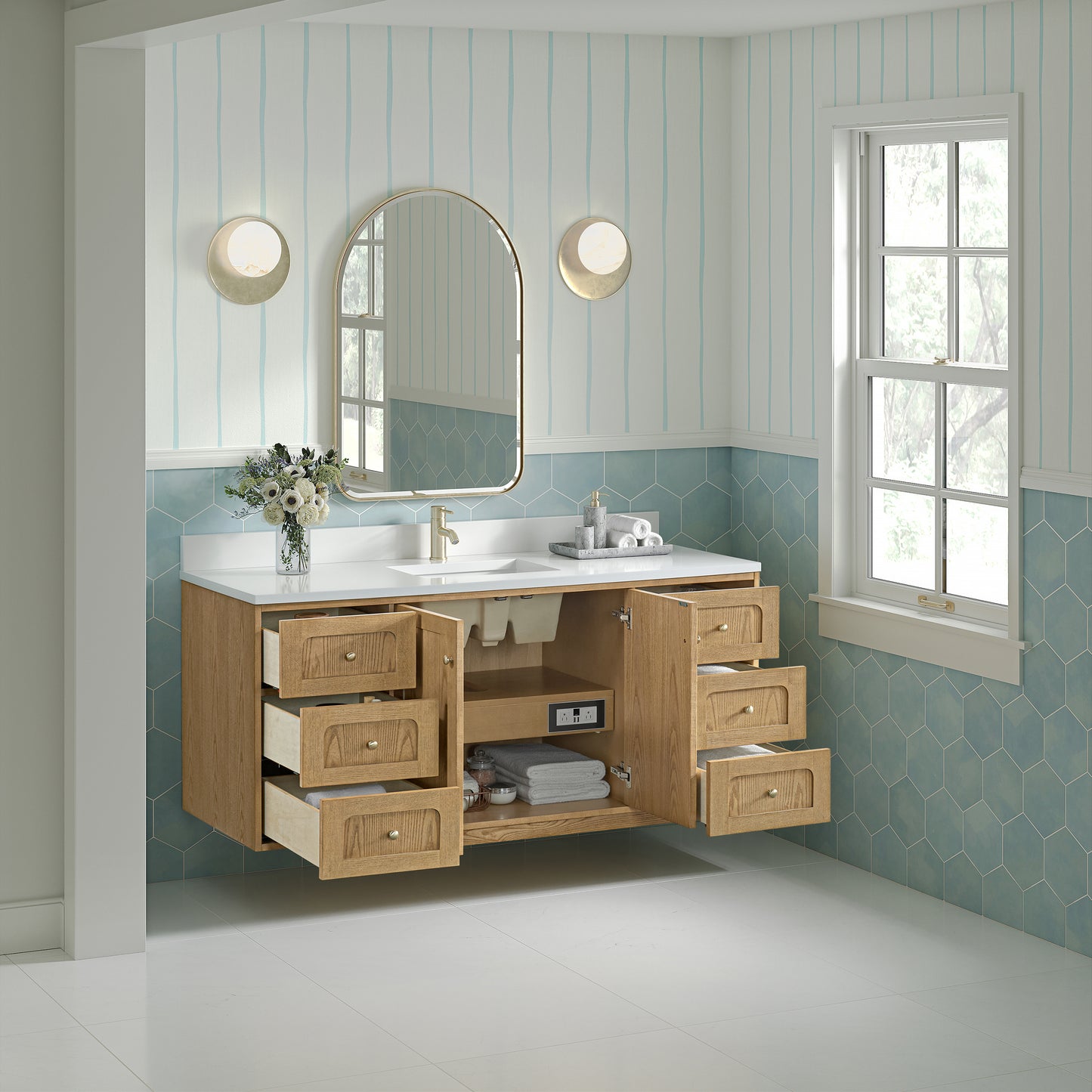 James Martin Laurent 60" Single Vanity with Single Hole 3 CM White Zeus Silestone Top & Matching Backsplash