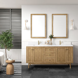 James Martin Laurent 72" Double Vanity with Single Hole 3 CM White Zeus Silestone Top and Matching Backsplash