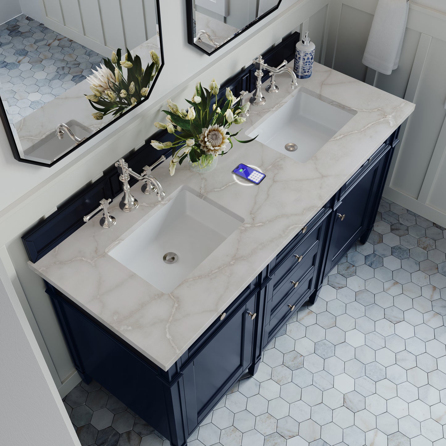 James Martin Brittany 60" Double Vanity with 3 CM Countertop & FreePower Wireless Charger