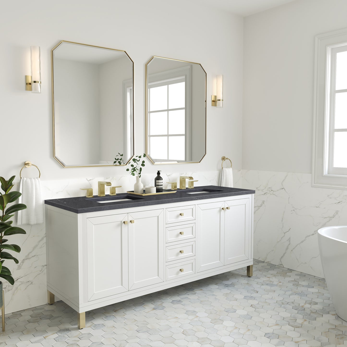 James Martin Chicago 72" Double Vanity, Glossy White - Luxe Bathroom Vanities