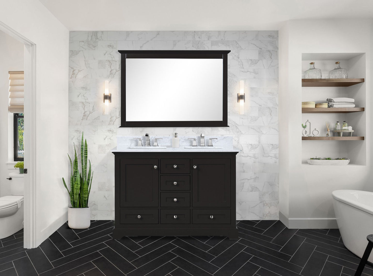 Lexora Collection Dukes 48 inch Double Bath Vanity, Carrara Marble Top, and Faucet Set - Luxe Bathroom Vanities