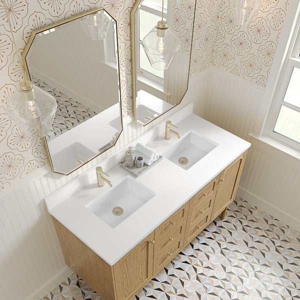 James Martin Laurent 60" Double Vanity with Single Hole 3 CM White Zeus Silestone Top & Matching Backsplash