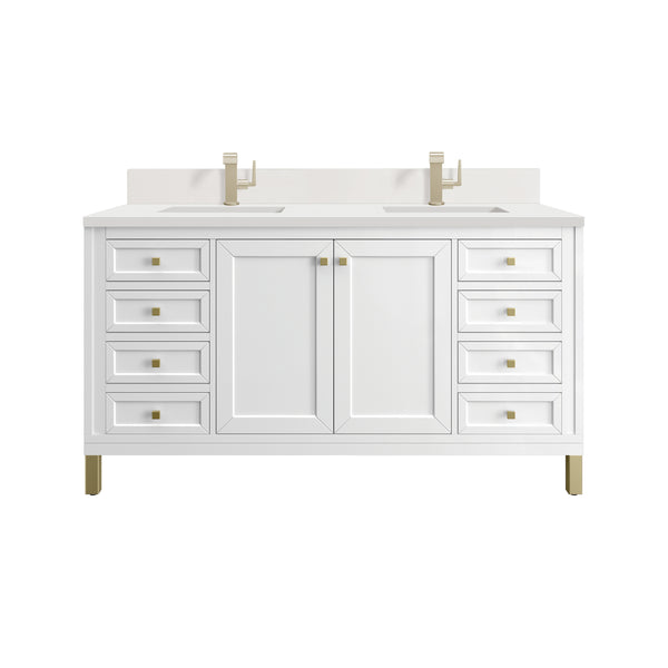 James Martin Chicago 60" Double Vanity with Single Hole 3CM White Zeus Silestone Top & Backsplash