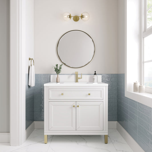 James Martin Chicago 36" Single Vanity with Single Hole 3CM White Zeus Silestone Top & Backsplash