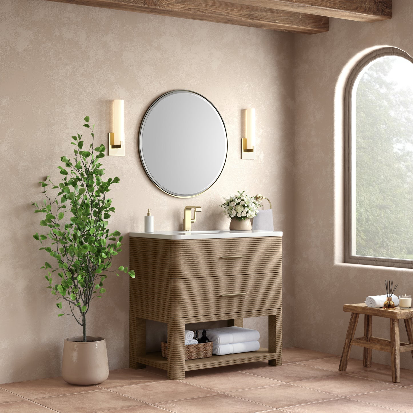 James Martin Lucian 36" Single Vanity, Pebble Oak w/ 3 CM Top - Luxe Bathroom Vanities