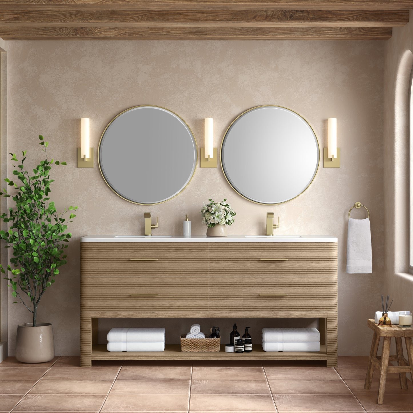 James Martin Lucian 72" Double Vanity, Pebble Oak w/ 3 CM Top - Luxe Bathroom Vanities