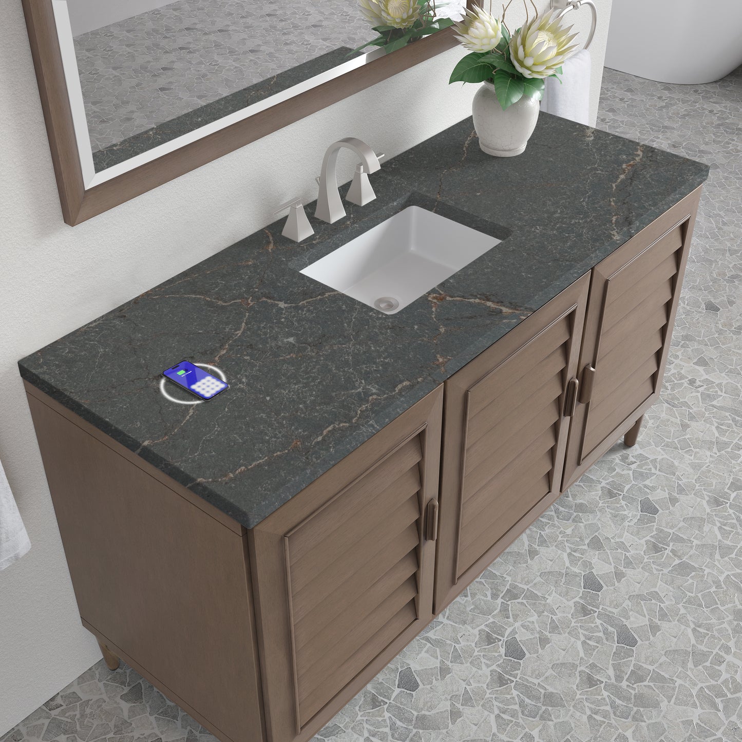 James Martin Portland 60" Single Vanity Whitewashed Walnut with 3 CM Countertop & FreePower Wireless Charger