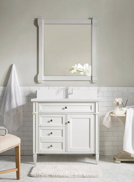 James Martin Brittany 36" Single Vanity with Single Hole 3 CM White Zeus Silestone Top & Backsplash