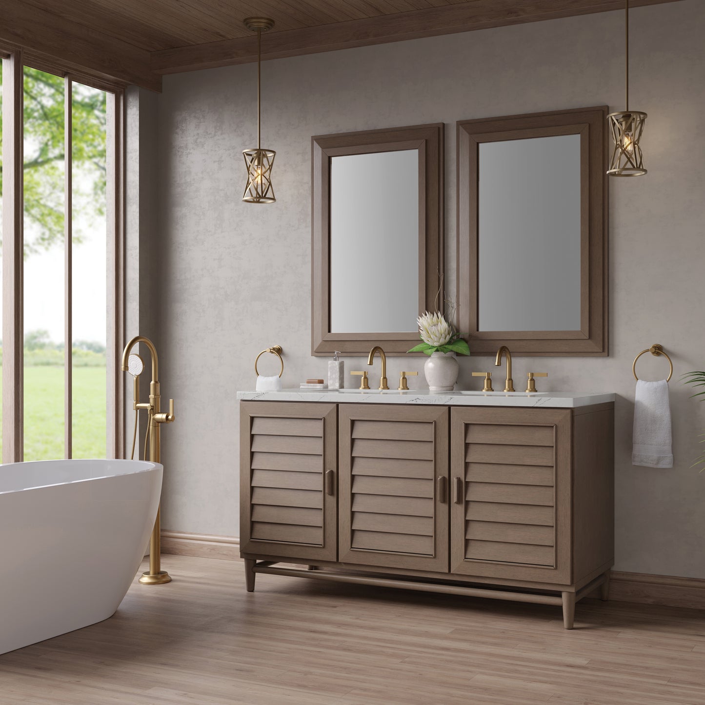 James Martin Portland 60" Double Vanity Whitewashed Walnut with 3 CM Countertop & FreePower Wireless Charger