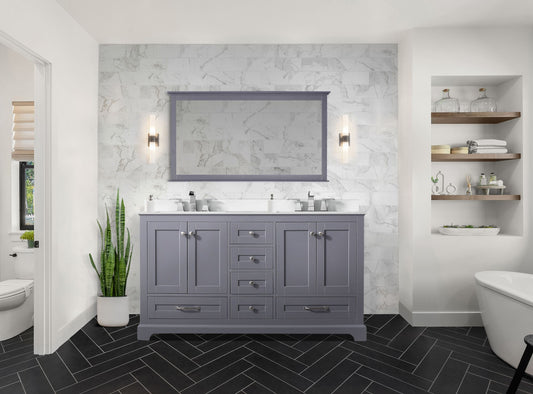 Lexora Collection Dukes 60 inch Double Bath Vanity, White Quartz Top, Faucet Set, and 58 inch Mirror - Luxe Bathroom Vanities