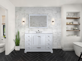 Lexora Collection Dukes 48 inch Single Bath Vanity, Cultured Marble Top, White Square Sink, and 46 inch Mirror - Luxe Bathroom Vanities