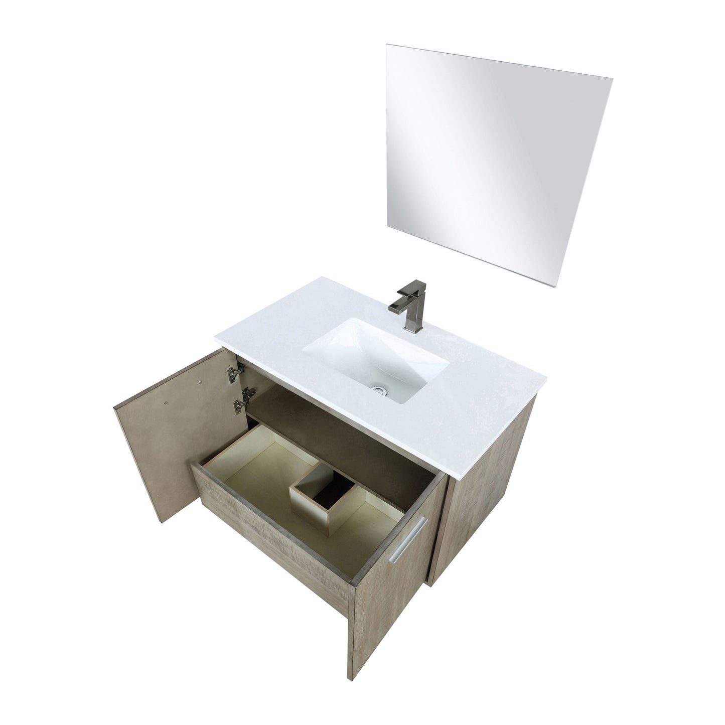 Lexora Collection Fairbanks 36 inch Rustic Acacia Bath Vanity, White Quartz Top, Faucet Set and 28 inch Mirror - Luxe Bathroom Vanities